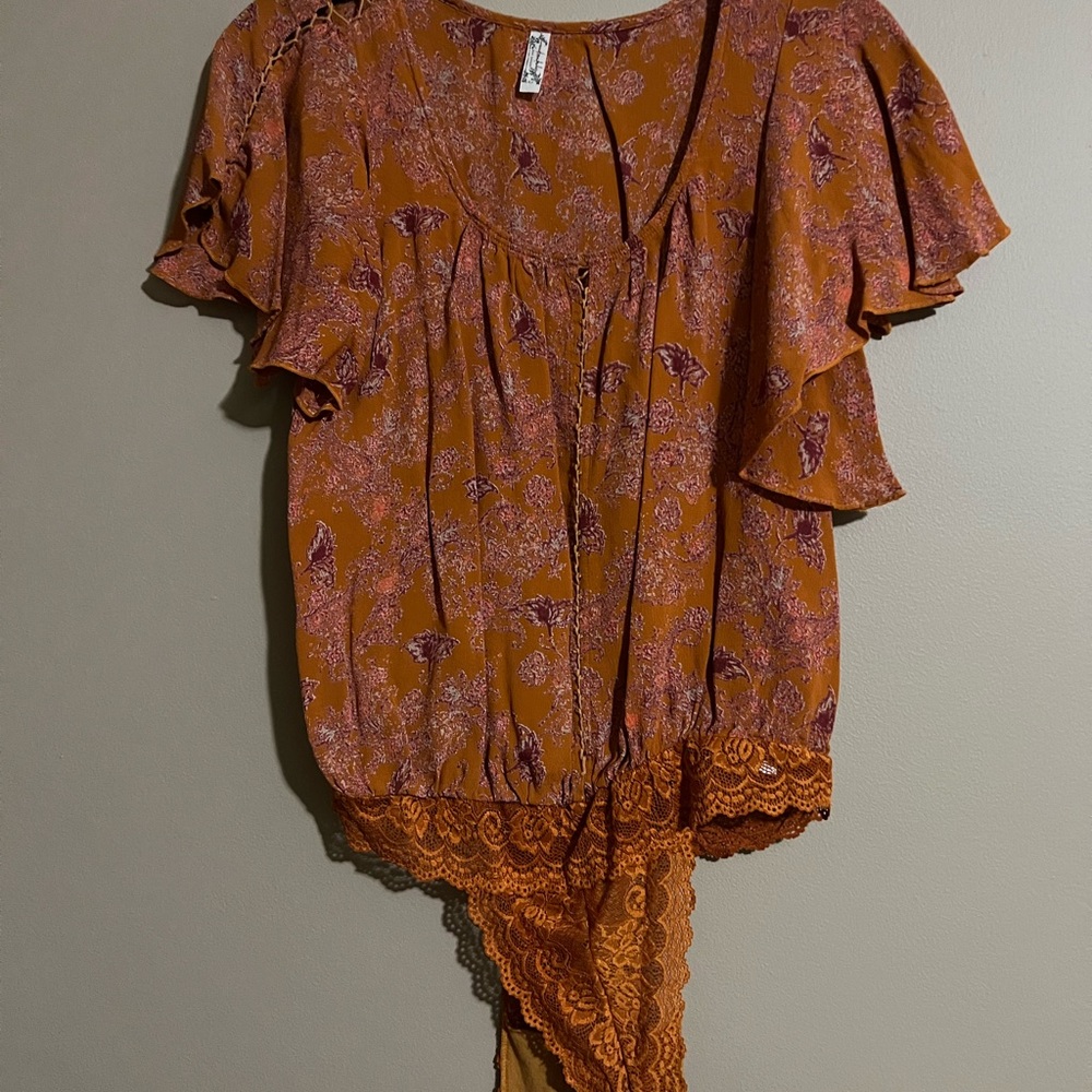 Free People Brown and Orange Flutter Sleeve Blouse